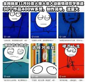 全网独家11月抖音火爆火柴人动画情感哲学赛道,30个作品400W多赞,制作简单,流量大【教学+素材】-湘创网