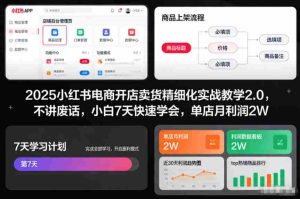 2025小红书电商开店卖货精细化实战教学2.0，不讲废话，小白7天快速学会，单店月利润2W-湘创网