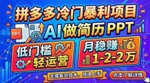 (17838期)拼多多冷门暴利项目:AI 做简历 PPT,低门槛轻运营,月稳赚 1-2 万-湘创网