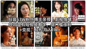 抖音53W粉丝博主亲授|影视情绪共鸣混剪短视频教学,低门槛涨粉+变现,轻松月入1W+-湘创网
