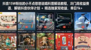 抖音15W粉丝的小不点憨憨说唱科普解说教程，冷门高收益赛道，解锁抖音伙伴计划+精选独家双收益，单日1k+-湘创网